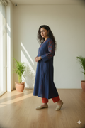 Elegant Navy Blue Khadi Kurta with Handblock Print Detailing