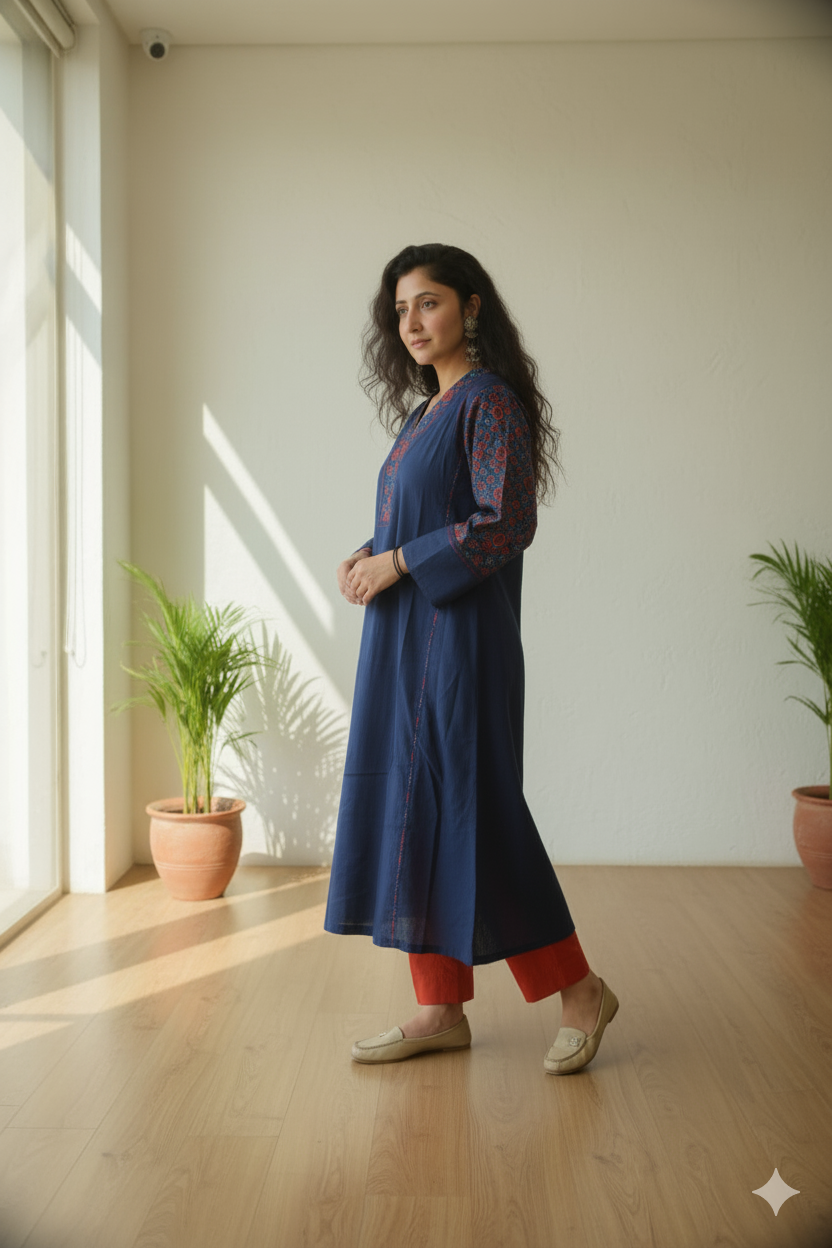 Elegant Navy Blue Khadi Kurta with Handblock Print Detailing