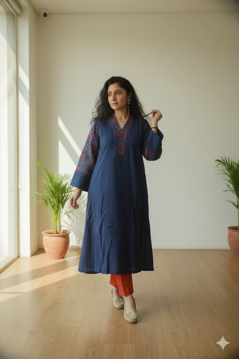 Elegant Navy Blue Khadi Kurta with Handblock Print Detailing