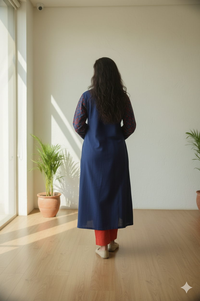 Elegant Navy Blue Khadi Kurta with Handblock Print Detailing