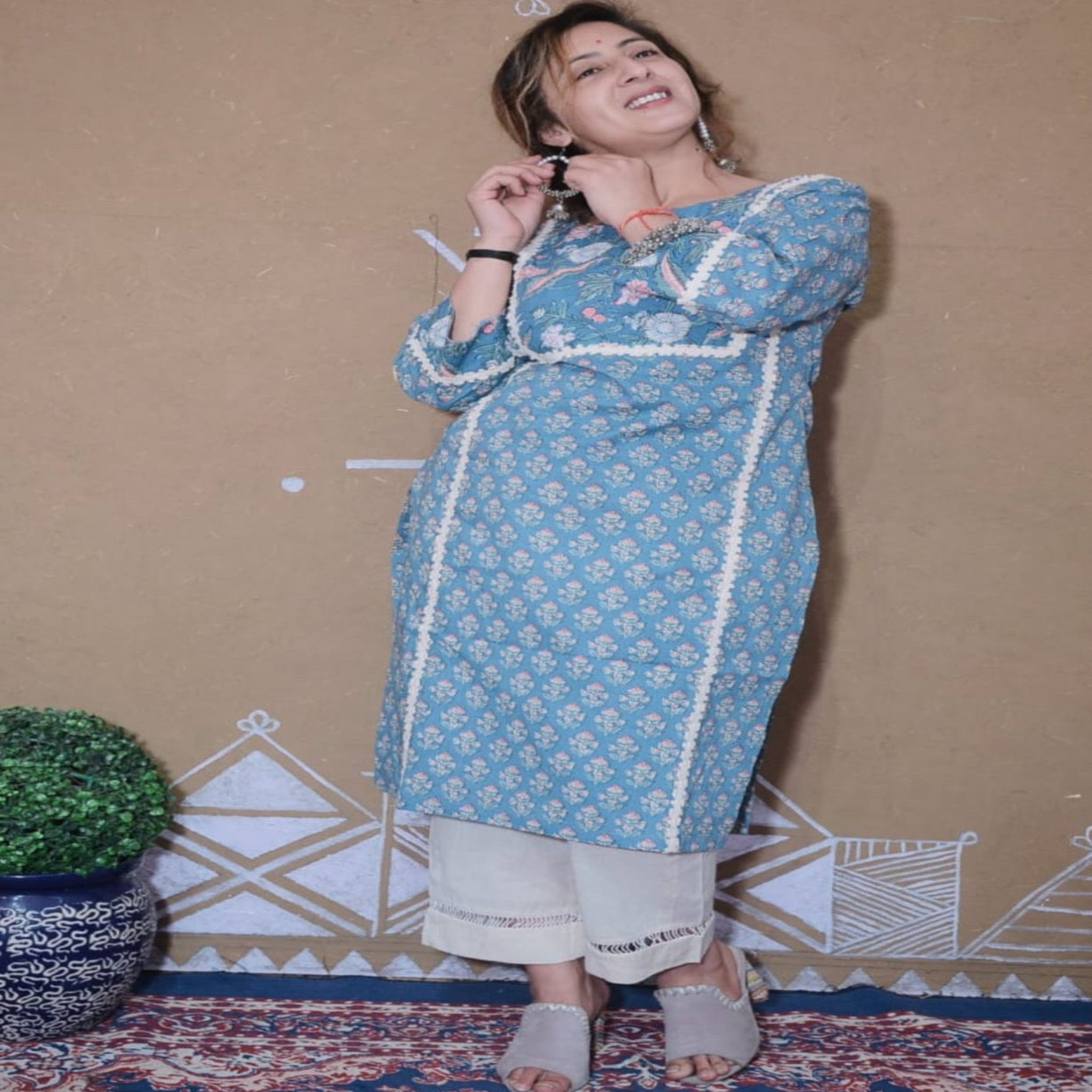 Blue Floral Khadi Cotton Kurta Set for Women | Lace Detailed Ethnic Wear