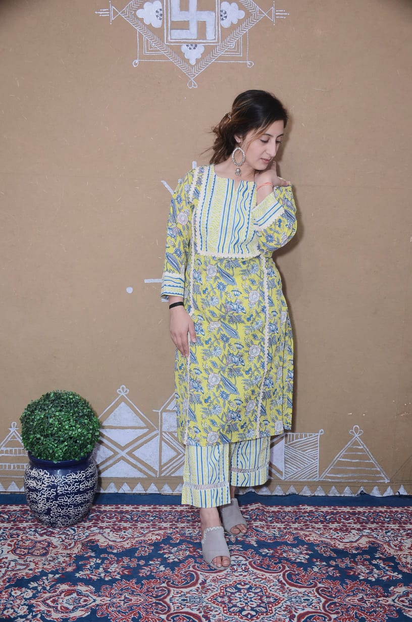 Floral Printed Khadi Cotton Kurta Set for Women | Yellow & Blue
