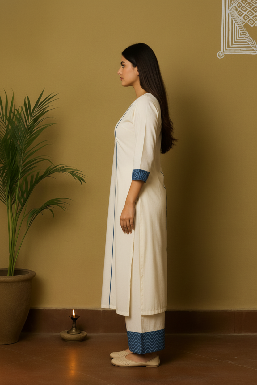 White & Indigo Handblock Khadi Kurta Set – Elegant Fusion of Tradition & Comfort | KhadiLoom