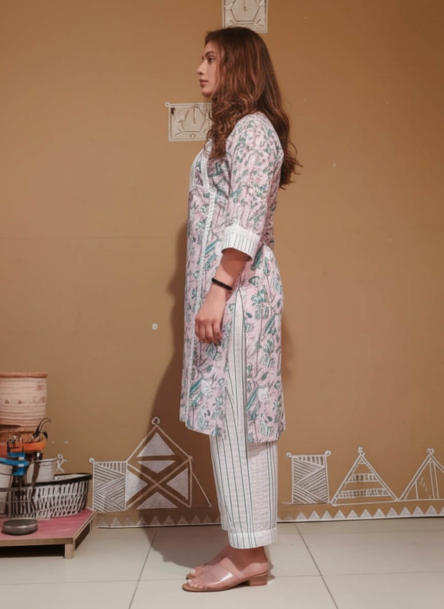 Pastel Pink Floral Handblock Cotton Kurta Set – Subtle Elegance by KhadiLoom